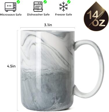 Smilatte Unique Coffee Cups, M068, Marble-Ceramic Cup with Large Handle, for Home and Office, Microwave-Safe, Set of 4, Gray