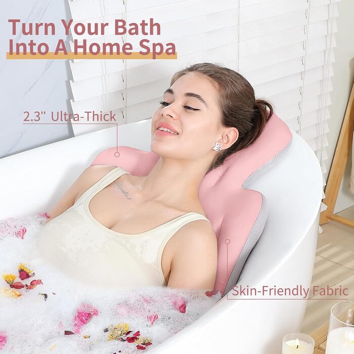 Full Body Bathtub Pillow with 160 Suction Cups - Head & Neck Support Bath Mat with Laundry Bag (Dark Gray & Light Pink, 130x41cm / 51.2' x 16.2')