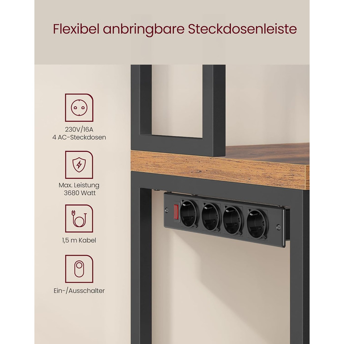 Полиця кухонна VASAGLE з розетками, кухонна шафа, робоча поверхня 90 см, стелаж з 8 гачками, 40 x 60 x 170 см, вінтажний коричневий + чорний, KKS058K02