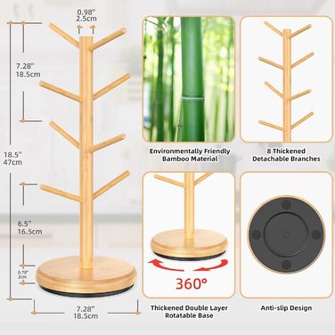 BAMBANG Bamboo Coffee Mug Tree, Swivel Coffee Mug Holder for Countertop, Coffee Mug Shelf with 8 Hooks, Coffee Mug Organizer, Mug Stand Hanger for Coffee Bar, (Natural)