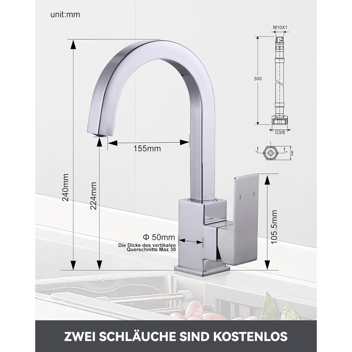 Кран кухонний поворотний 360° з нержавіючої сталі, високий тиск, для кухні, автодому, ванної кімнати (B Chrome)
