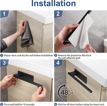 Тримач для рушників на клейкій основі без свердління, 28 см, нержавіюча сталь, срібляний (чорний, одноручний)