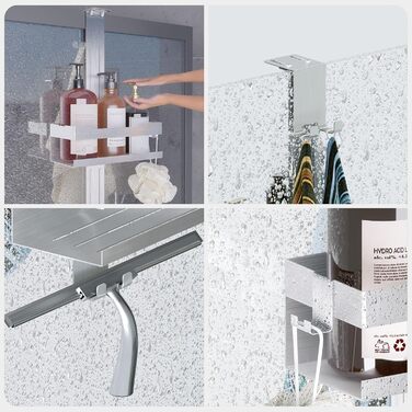 Hosanwell Shower Shelf for Hanging, No-Drill Shower Shelf Double-Layer Stainless Steel SUS304 Shampoo Holder for Shower with Glass Door, No-Drill with 4 Hooks, Silver