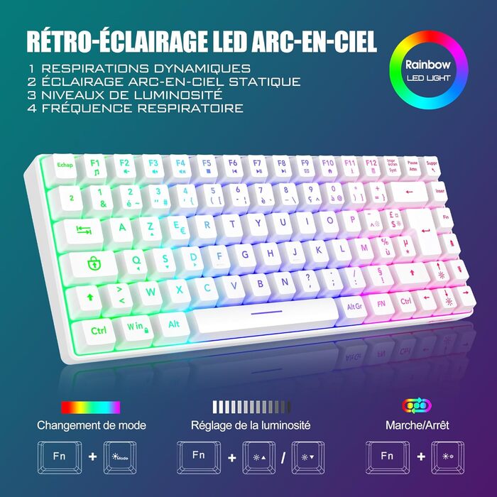 RedThunder K84 Combo: Бездротова клавіатура та миша USB, AZERTY (французька), 75% TKL, 3200 DPI (біла)