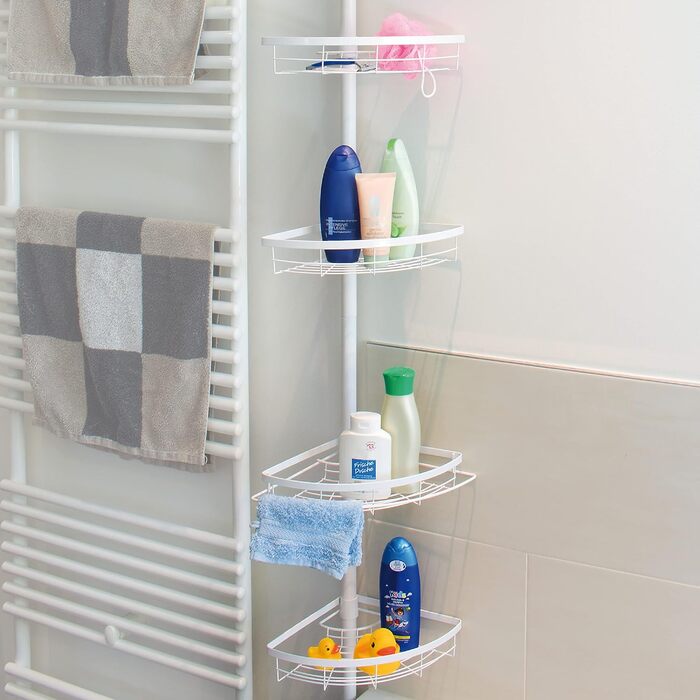 Bremermann Telescope Corner Shelf, 4 Baskets, Telescope Rod up to approx. 290 cm (White)