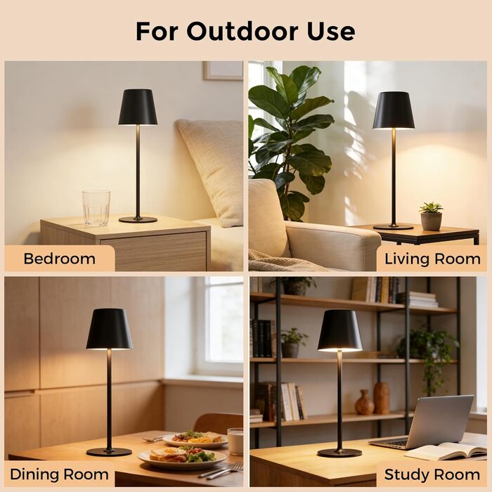 Світлодіодні настільні лампи бездротові 2 шт, димовані нічні лампи з сенсорним керуванням, акумуляторні, для приміщень та вулиці, 3 режими теплого світла, IP54 водонепроникні, металевий корпус, чорні