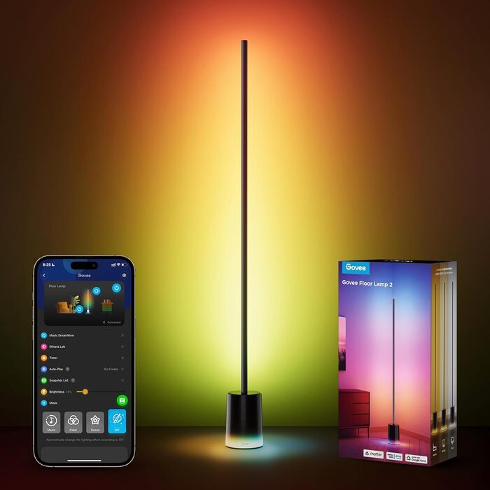 Govee LED торшер RGBIC з димуванням, 1725LM, для вітальні та роботи, сумісний з Matter, 152 см, чорний, 16 мільйонів кольорів, режими сцен, музичний режим для декору спальні, ігрової кімнати