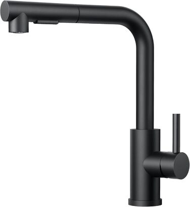 Змішувач для кухні FORIOUS висувний з душем, кухонний змішувач, L-подібний, 2 режими розпилення, поворотний 360°, матовий чорний
