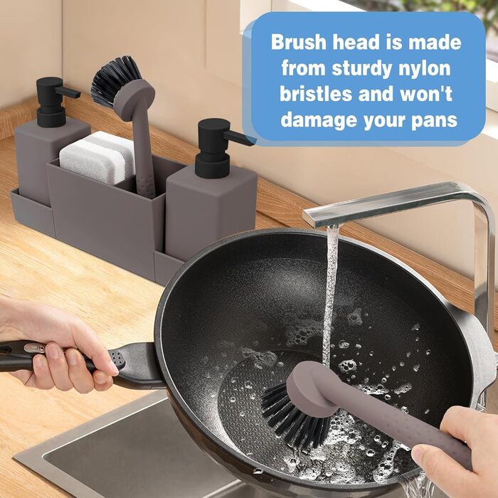 CAUTIOUS 350ML Sink Organizer with Brush, Soap Dispenser Sponge, Kitchen Dish Soap Dispenser Set Made of Plastic, Sink Organizer with Two Soap Dispensers, Kitchen Gadget Organizer (brown)