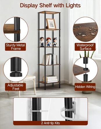 Стійка лампа з полицею, LED, регулювання яскравості, 3 колірні температури, сенсорне та дистанційне керування, полиця для книг, дерев'яна стійка, сучасний дизайн для вітальні, спальні, офісу (Rustic Brown)