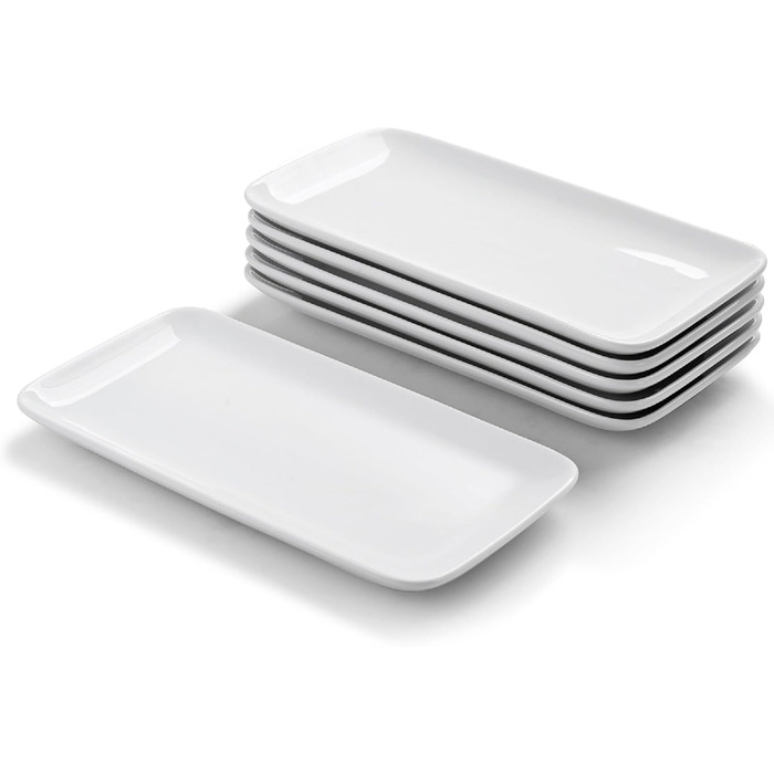 Teller Rectangular Set of 6, Porcelain Serving Plates White 23x12 cm, Long Serving Plates, Small Dinner Plates for Dessert, Cake, Sushi, Salad, Antipasti
