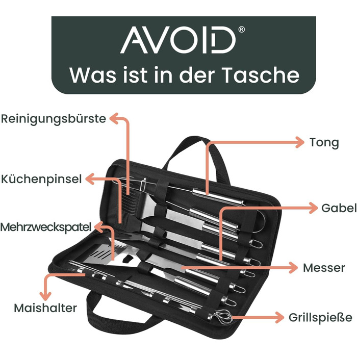 Набір для гриля AVOID - 28 предметів. Якісний набір аксесуарів для гриля з нержавіючої сталі. Ідеальний подарунок для чоловіків, татуся. Комплект для барбекю.