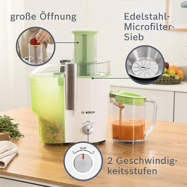 Центрифужна соковижималка Bosch VitaJuice 2 MES25A0 для овочів та фруктів, 700 Вт, XL завантажувальний отвір, сіра/яблучно-зелена