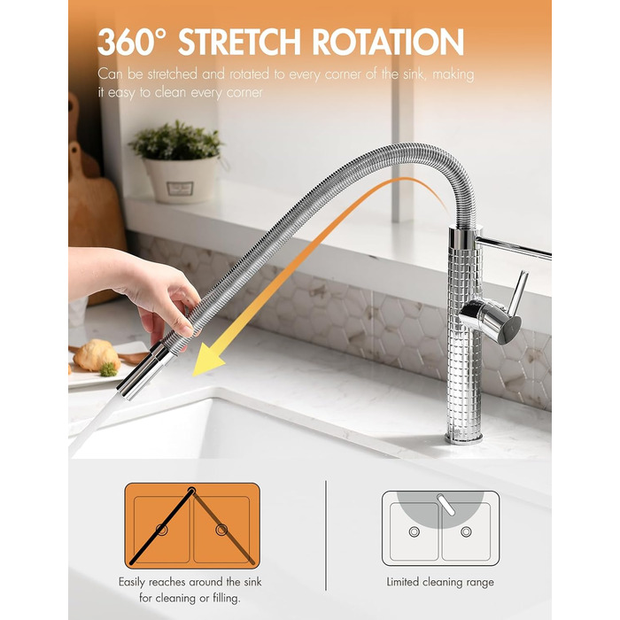 Висувна кухонна змішувач TIMACO з нержавіючої сталі, 360° поворот, одноручний, для кухонної мийки (хром)