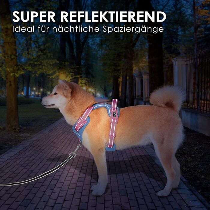 Шлейка для собак PHOEPET Anti-Zug з відбиваючими елементами, регульована, для цуценят та собак різних розмірів (M, небесно-блакитна основа & рожеві ремінці)