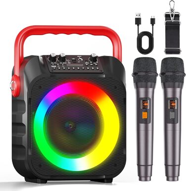 Wowstar Караоке Машина з 2 Бездротові Мікрофони, Портативна Bluetooth Колонка з Світловим Ефектом, Підтримка TF/USB, FM, Запис, AUX, TWS для Вечірок, Дня Народження (Червона)