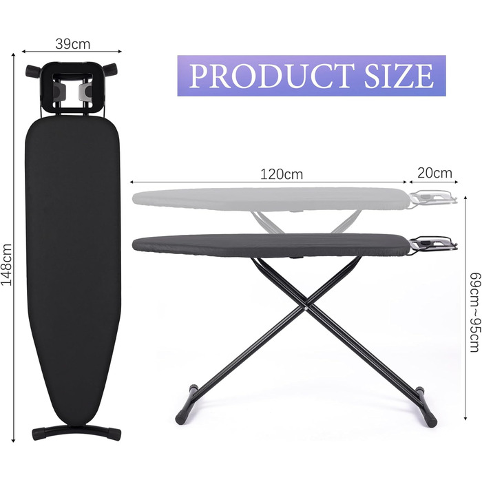 Гладильна дошка Aoufottes регульована по висоті, для прасування з парою, 120x38 см, чорна