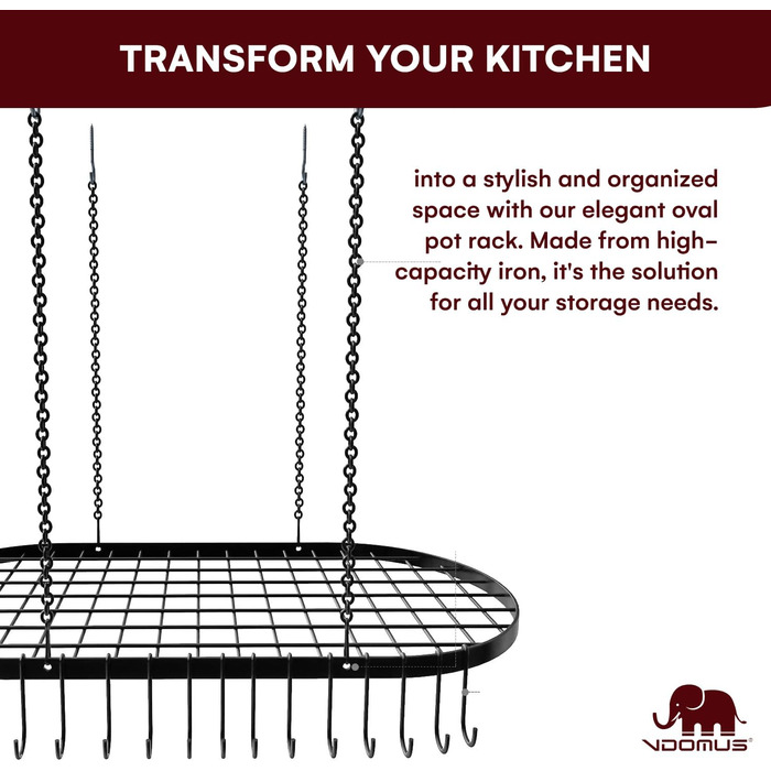 Vdomus Hanging Pot Rack, Heavy-Duty Cast Iron Ceiling Storage, Mounted Kitchen Overhead Pot Holder, Multi-Purpose Kitchen Cookware & Utensil Hanger - 15 Hooks - 84x43 cm