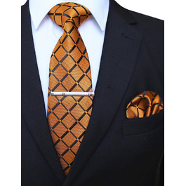 Чоловіча краватка в клітинку та нагрудна хустинка JEMYGINS, набір, темно-зелений (коричнево-жовтий)