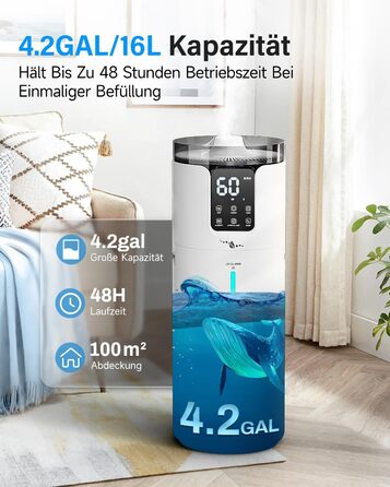 Ультразвуковий зволожувач повітря для великих приміщень 16 л, верхній залив, тихий, 1000 мл/год, до 100 м², з прохолодним туманом та аромадіфузором, для дитячої кімнати, офісу, рослин, білий