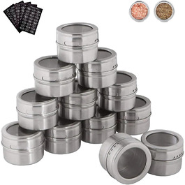 Kingmate 12-Piece (Gray) Magnetic Stainless Steel Spice Jars, 96 Spice Labels & 24 Blank Labels, Spice Rack Spice Jar Set Glass Magnetic Spice Box (12 Stainless Steel Primary Color)