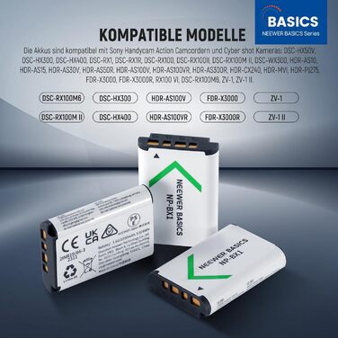 NEEWER 3 шт. Запасні акумулятори NP-BX1 з USB зарядним пристроєм, 1090mAh, сумісні з Sony ZV1, ZV-1 II, RX100, RX100II, RX100M II, HDR-AS15, HDR-AS30