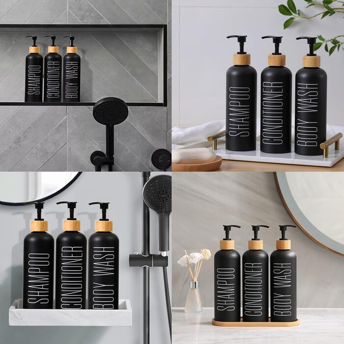 Набір з 3 чорних скляних флаконів для шампуню, гелю для душу та мила (500 мл)
