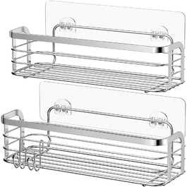 Avoalre Shower Caddy, Stainless Steel Shower Shelf, No Drilling Required, Shower Basket with Strong Adhesive, 2 Pack, Lightweight Shower Shelf with 1 Movable Suction Hook