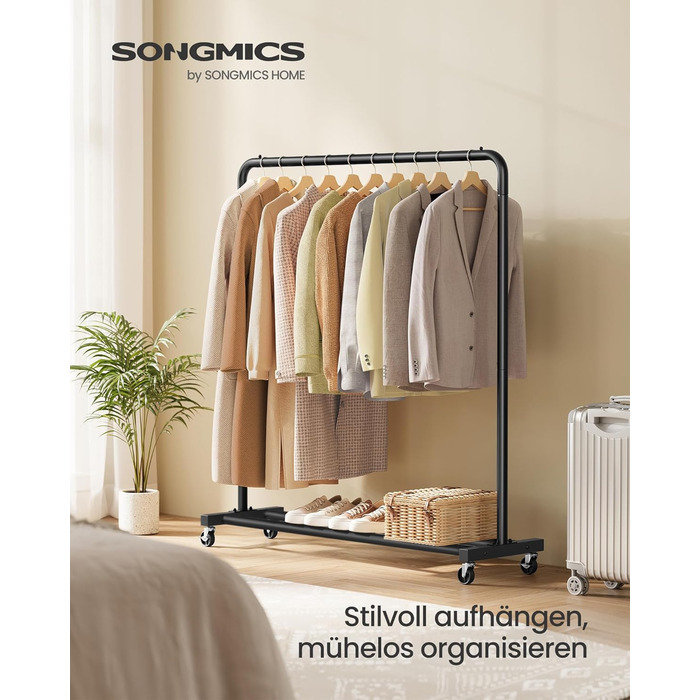 SONGMICS Кільцева вішалка для одягу на коліщатках, чорна, 38 x 110 x 141,5 см, до 50 кг, HSR016BH01