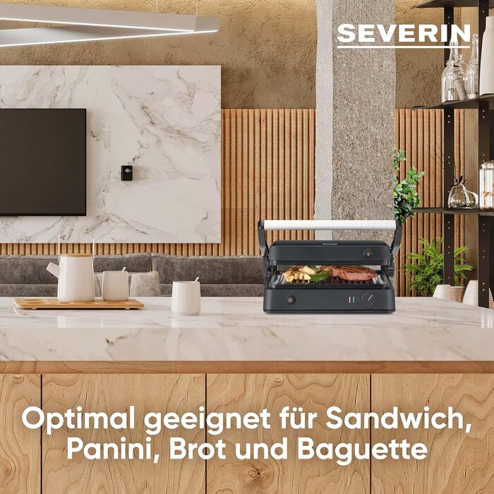 SEVERIN SEVINI Lite, Contact Grill for Meat, Fish & Vegetables, Ceramic-Coated Sandwich Maker for Fat-Free Grilling, Indoor Grill up to 220°C Heat, 1,800 W, black, KG 2398