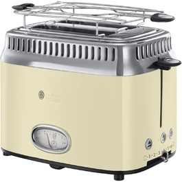 Тостер Russell Hobbs Retro для 2 тостів, кремовий, нержавіюча сталь, з таймером, підставкою для булочок, 6 режимів підсмажування, функції розморожування та підігріву, 1300 Вт