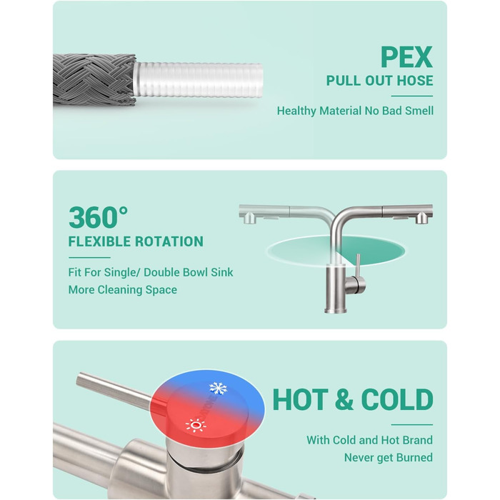 Кухонний змішувач Dayone з висувною лійкою, нержавіюча сталь SUS304, високий тиск, 2 функції, поворотна лійка 360°, L-подібна форма, G6808bn