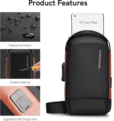 Чоловіча/Жіноча нагрудна сумка Kingsons Anti-theif з замком, маленька кросбоді, для подорожей, спорту, велотуризму, повсякденного використання (чорний/коричневий)