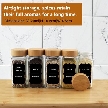 Набір банок для спецій квадратних [12 штук] з бамбуковою кришкою, 120 мл, з воронкою, наклейками, щіткою та ситами