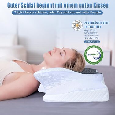 Подушка для шиї SAHEYER з Memory Foam, ортопедична, ергономічна, для сну на боці, 60x35.5x10/13 см (сіра)