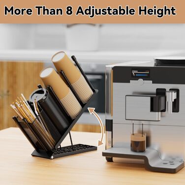 Ovicar Cup and Lid Holder – Adjustable Coffee Cup Holder, Organizer, 4 Compartments, Disposable Cup Dispenser with Coffee Capsule Straws, Storage Basket for Coffee Station, Bar, Countertop