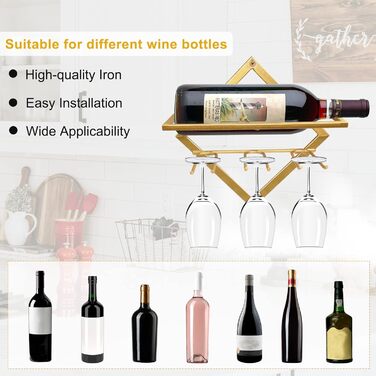 2pcs Metal Wall Mounted Wine Rack Stemware Glass Rack, Folding Wall Hanging Red Wine Shelf Organizer with 3 Stem Glass Holders, Black Wine Bottle Hanger for Home Kitchen Bar Wall Decor (Gold Bb)