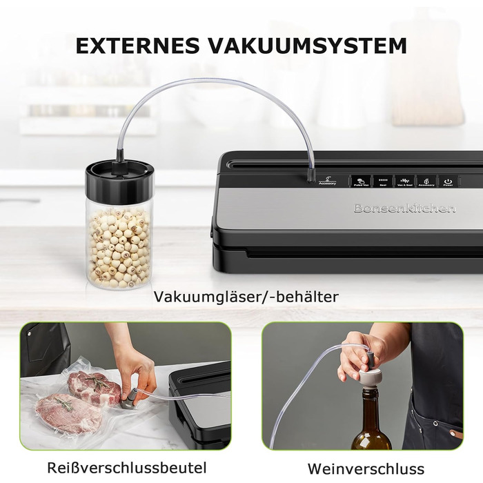 Bonsenkitchen Вакуумний пакувальник: для сухих та вологих продуктів, з вбудованим різаком, 1 рулон плівки, 50 професійних пакетів (Basic Black)