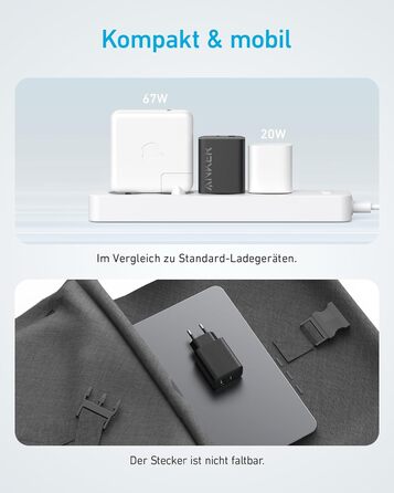 Зарядний пристрій Anker 20W USB-C, адаптер живлення для iPad, швидка зарядка, сумісний з iPhone 17/16/15, кабель USB-C (150см), чорний