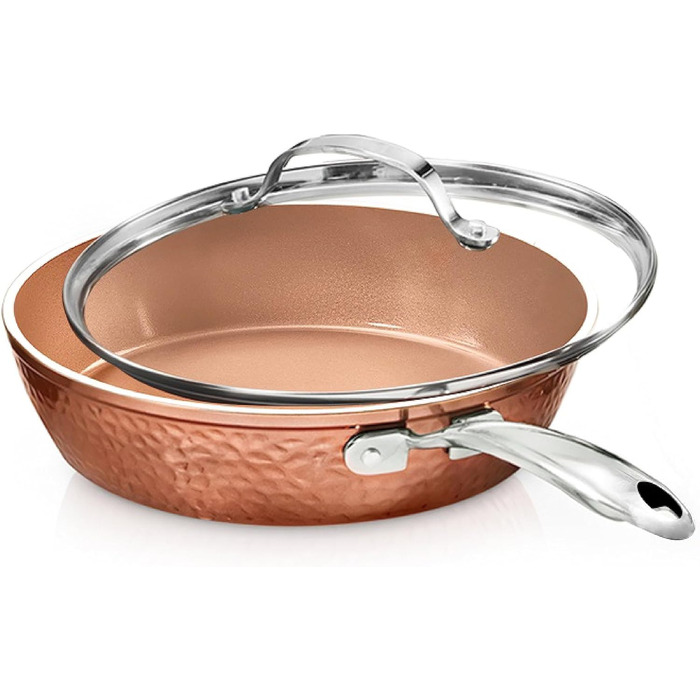 Сковорода Gotham Steel 12 дюймів з антипригарним покриттям та кришкою, Hammered Copper Collection, преміум-алюмінієве посуд з нержавіючою сталею, індукційна плита для рівномірного нагрівання (25,4 см)