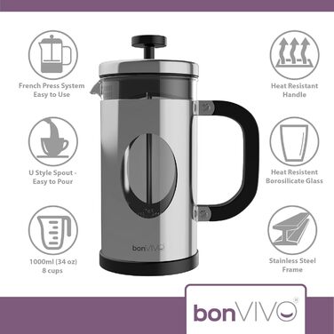 bonVIVO GAZETARO French Press - кавоварка френч-прес з нержавіючої сталі, скляна колба, 8 чашок (срібло)