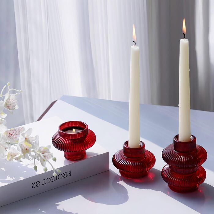 VOHO Candle Holders, Ribbed Glass, Stylish Boho Candle Holders, Stackable and Reversible, for Candle Stands and Votive Candles, e Candle Holders, Table Decoration, Set of 12 (Red/Getaway, Solid (Getaway Solids))
