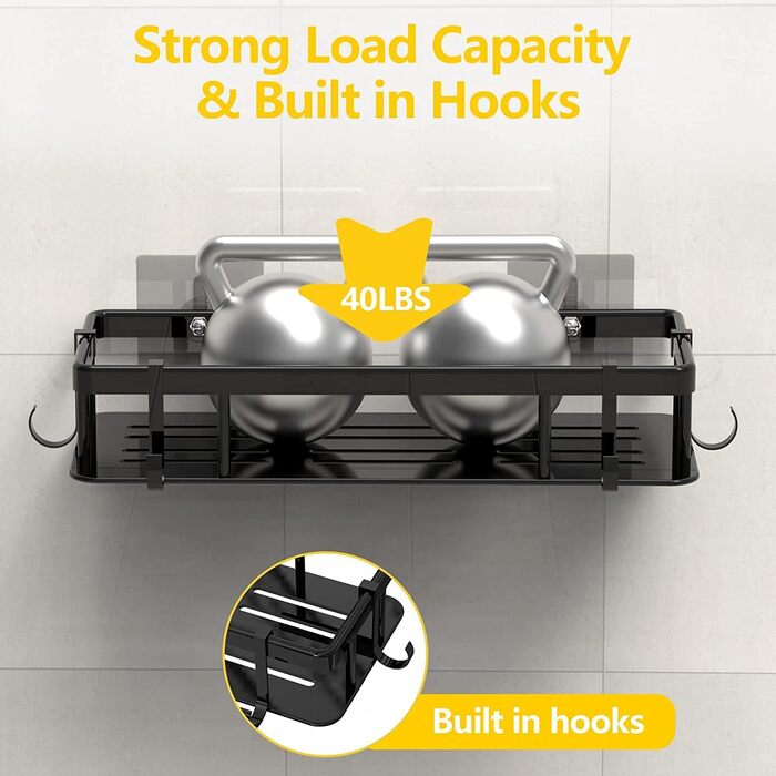 Полка для душу без свердління, 2 шт. Алюмінієва полиця для душу, нержавіюча сталь, кошик для душу з 6 клейкими поверхнями та 4 гачками, чорний колір. Підходить для ванної кімнати, кухні.