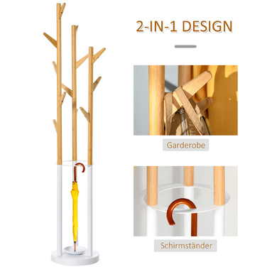 HOMCOM Coat Rack with 12 Hooks and Umbrella Stand - Tree Design, Modern Clothing Rack for Coats, Hats, Bags - Perfect for Living Room, Bedroom, Bamboo & White Finish