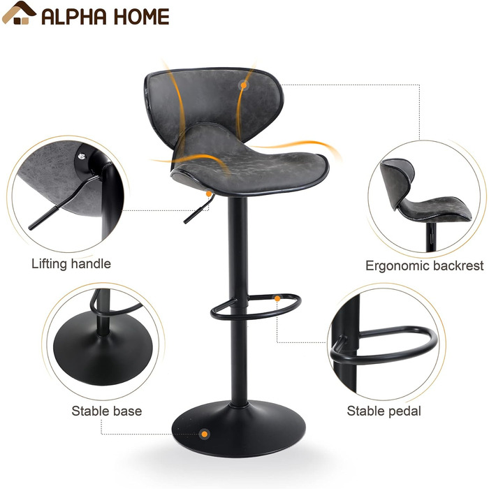 Alpha Adjustable Height Swivel Bar Stools 2-Pack with Backrest & Footrest - PU Leather Kitchen Bar Counter Stools (Grey)