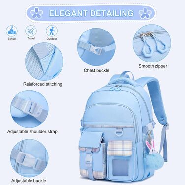 KEBEIXUAN Шкільний рюкзак для дівчаток | Милий рюкзак для початкової школи (1-5 класи) | Дихаючий, водовідштовхуючий рюкзак для дівчаток + ізольована сумка для обіду + пенал, блакитний