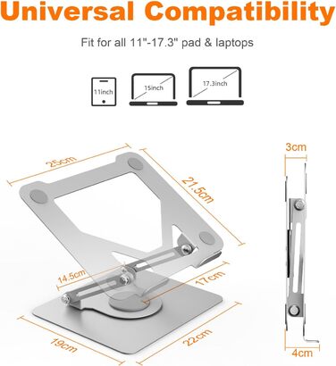 Підставка для ноутбука GRIFEMA GB1050: регульована висота, поворотна основа 360°, ергономічна та вентильована – сумісна з MacBook, Dell та ноутбуками 11-17 дюймів (срібна)