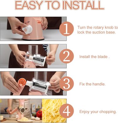 Ручна тертка Ourokhome Rotary: тертка для овочів, сиру, горіхів, картоплі, моркви, кабачків (рожева) з 3 лезами