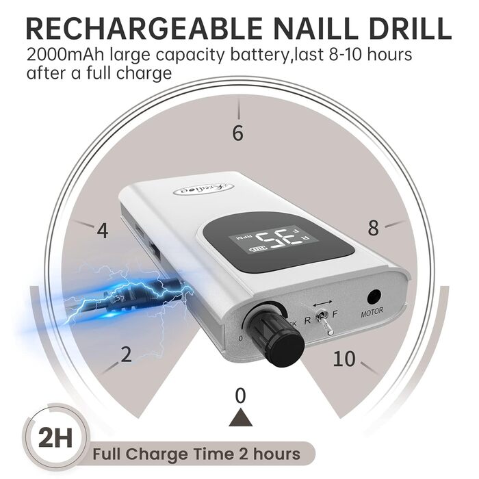 Електрична нігтьова пилка Kredioo для гелю та акрилу з LED-дисплеєм та 6 насадками