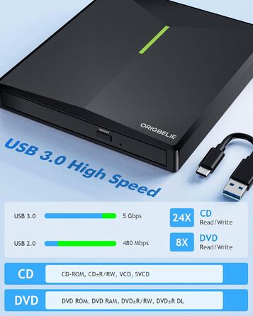 Зовнішній DVD/CD привід ORIGBELIE з 4 USB-портами та 2 слотами для TF/SD карт, USB 3.0, портативний для ноутбука, MacBook, PC (Windows, Linux, Mac OS)